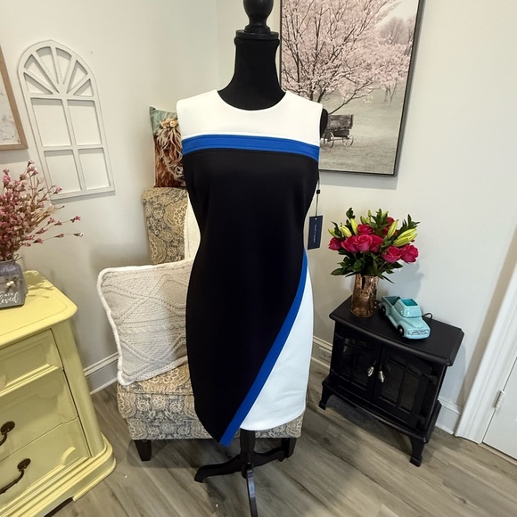 Tommy Hilfiger Black and Blue Asymmetrical Sheath Dress - Picture 1 of 8